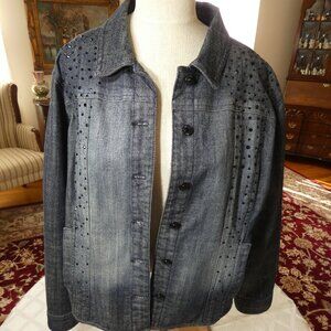 Chicos Blue Denim Jacket With Black Sequins Size 3